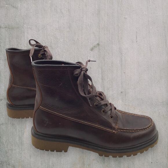 New Frye Pine Lug Work Boots Men’s 10.5 Brown Leather Moc Toe Lace-Up Rugged - Picture 2 of 10